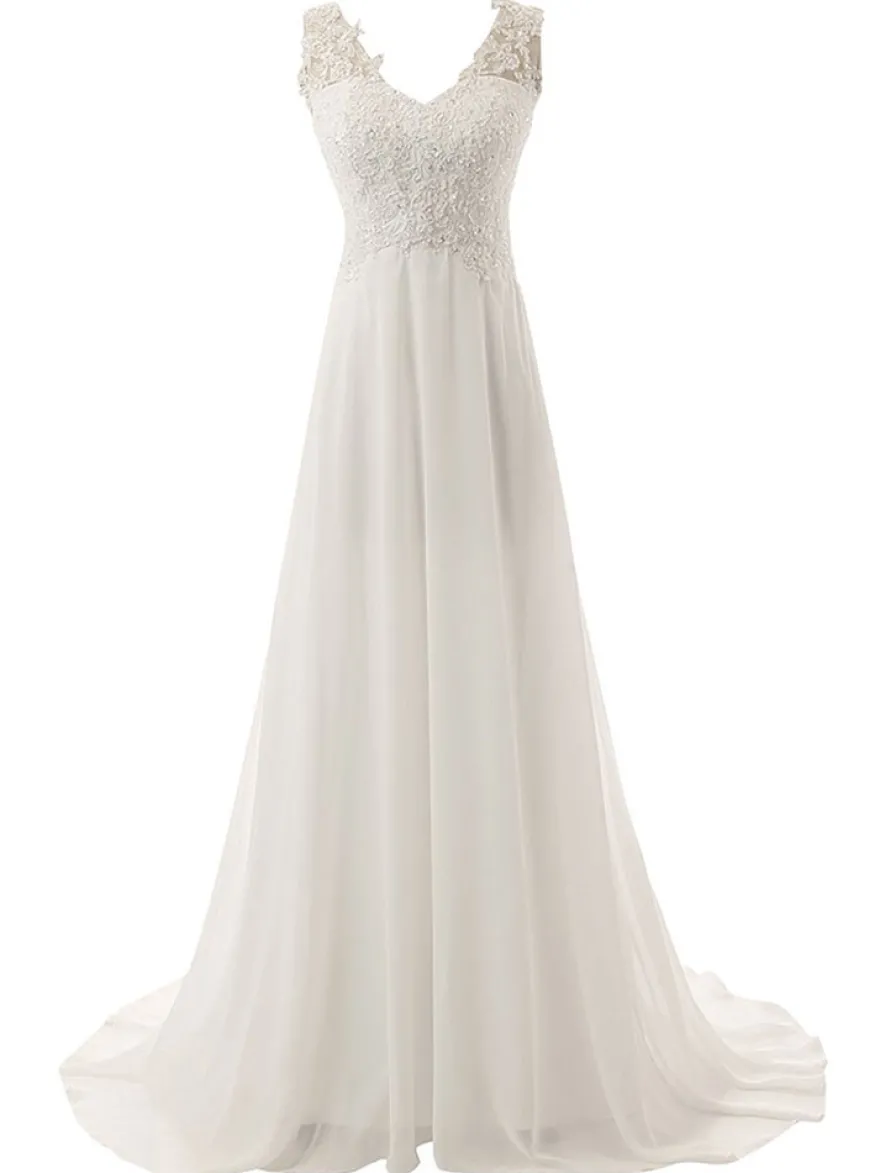 Robe de mariée trapèze col V boutonné sur dos à traîne