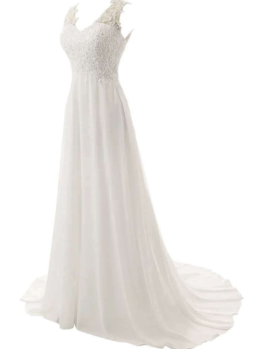 Robe de mariée trapèze col V boutonné sur dos à traîne