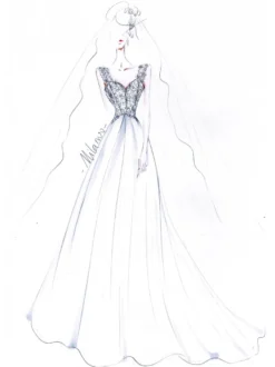 Robe de mariée trapèze col V boutonné sur dos à traîne