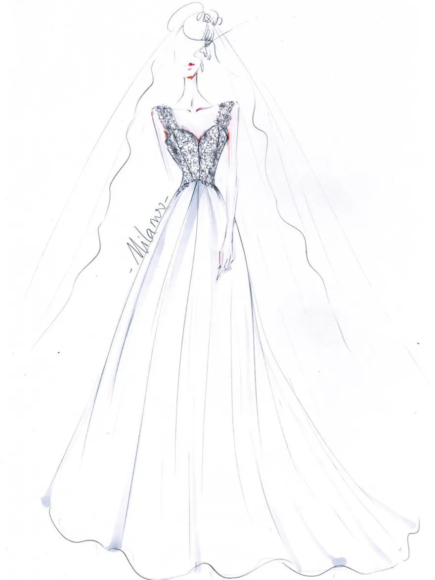 Robe de mariée trapèze col V boutonné sur dos à traîne