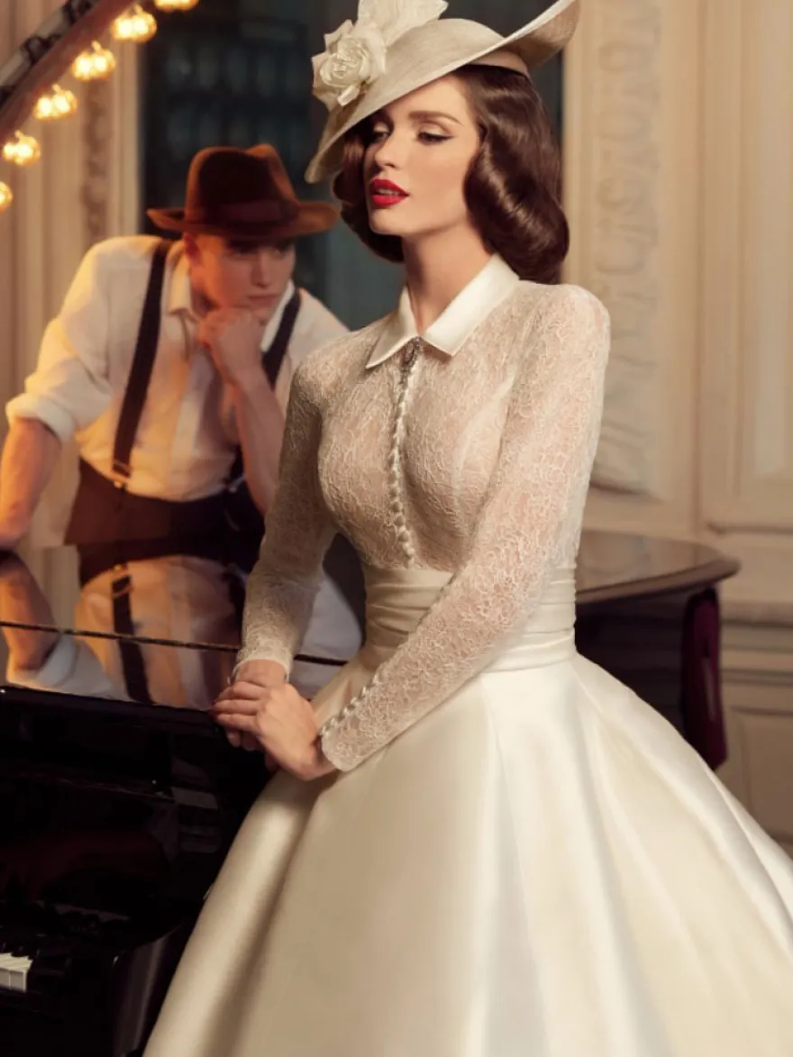 Robe de mariée vintage charleston robe mariage rétro manche longue transparente jupe en satin au sol