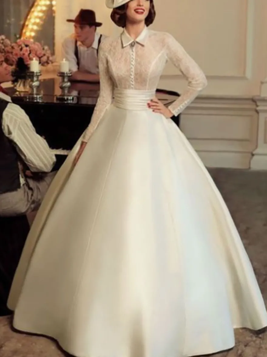Robe de mariée vintage charleston robe mariage rétro manche longue transparente jupe en satin au sol