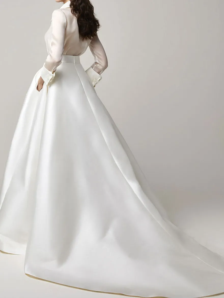 Robe de mariée vintage charleston 2 pièces col V manche longue à traîne