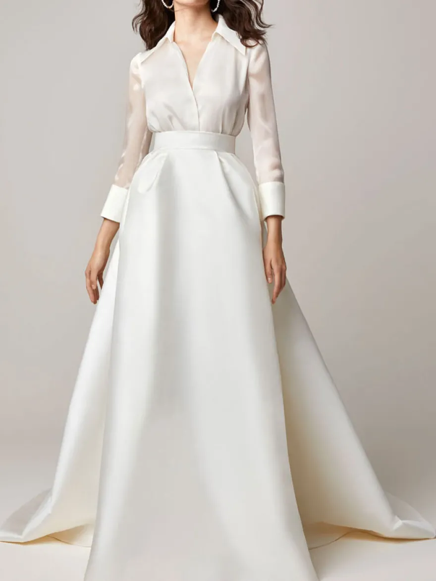 Robe de mariée vintage charleston 2 pièces col V manche longue à traîne