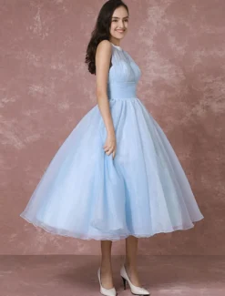 Robe de Mariée Vintage Courte en Tulle robe de mariée bleu dos nu robe de Cocktail longueur mollet robe de fête Milanoo