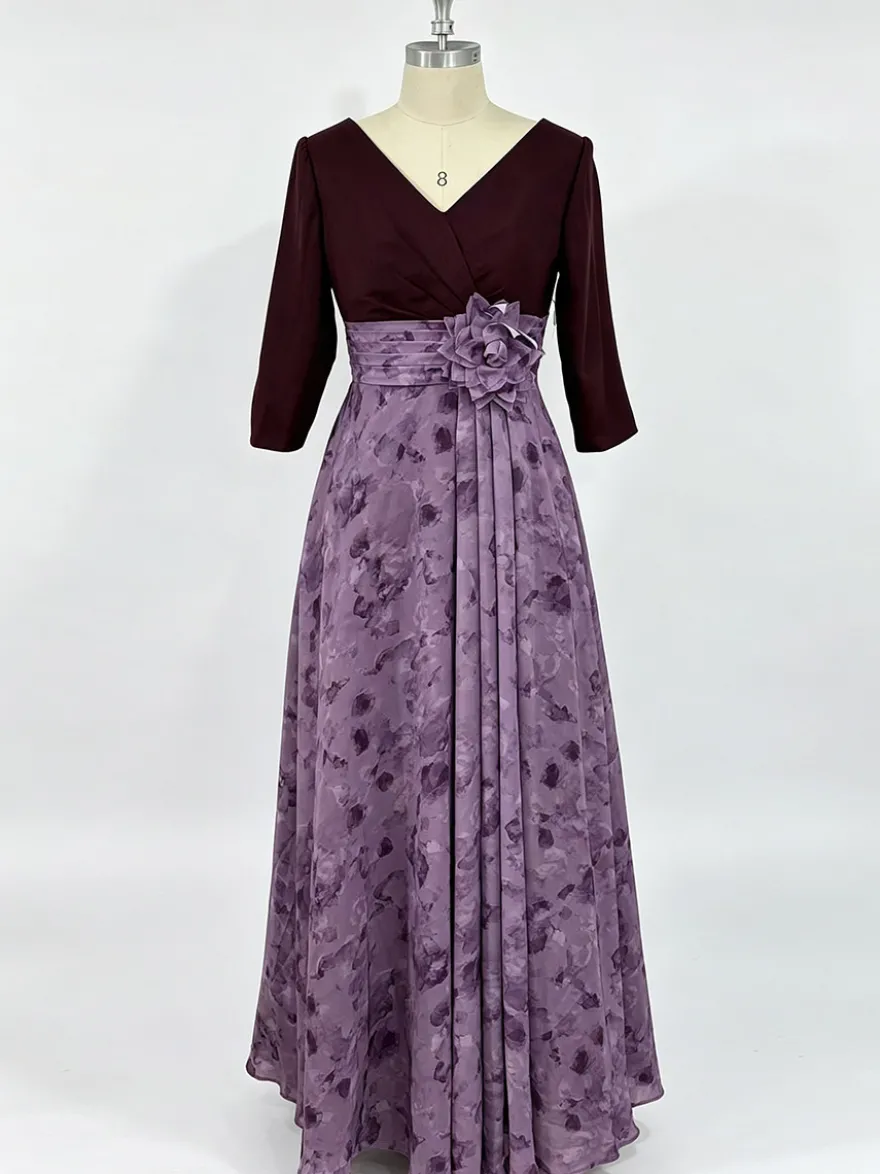 Robe de mère à col en V manches 3/4 coupe trapèze ornée de fleurs robe d'invitée pour mariage