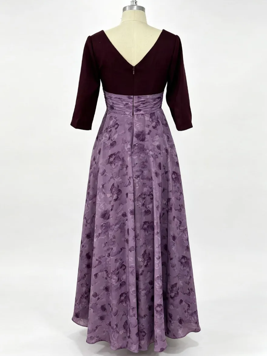 Robe de mère à col en V manches 3/4 coupe trapèze ornée de fleurs robe d'invitée pour mariage