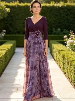 Robe de mère à col en V manches 3/4 coupe trapèze ornée de fleurs robe d'invitée pour mariage