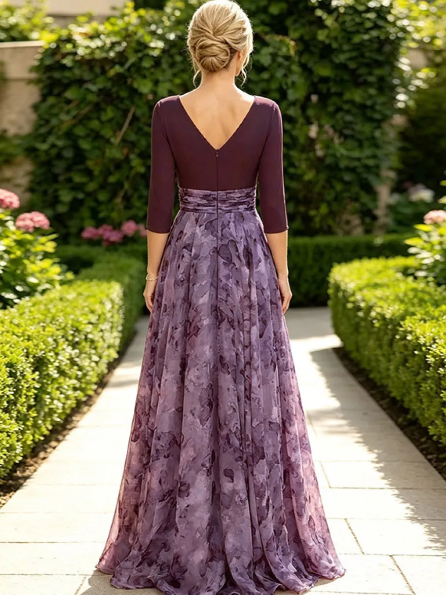 Robe de mère à col en V manches 3/4 coupe trapèze ornée de fleurs robe d'invitée pour mariage