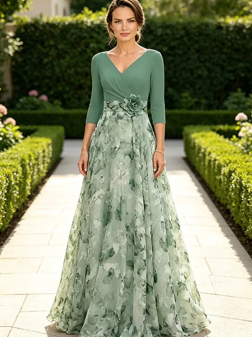 Robe de mère à col en V manches 3/4 coupe trapèze ornée de fleurs robe d'invitée pour mariage