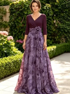 Robe de mère à col en V manches 3/4 coupe trapèze ornée de fleurs robe d'invitée pour mariage