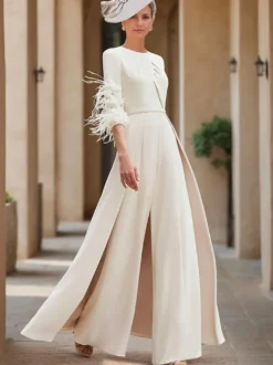 Robe de mère conçue avec décolleté et manches 3/4 combinaison perlée robes d'invitées de mariage