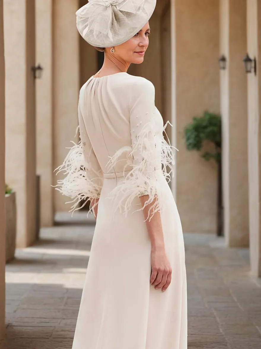 Robe de mère conçue avec décolleté et manches 3/4 combinaison perlée robes d'invitées de mariage