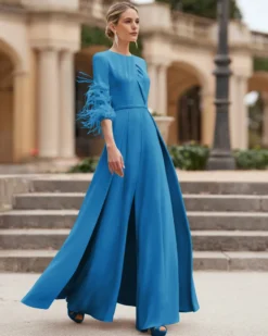 Robe de mère conçue avec décolleté et manches 3/4 combinaison perlée robes d'invitées de mariage