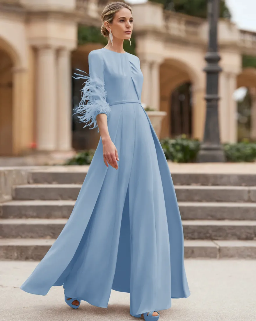 Robe de mère conçue avec décolleté et manches 3/4 combinaison perlée robes d'invitées de mariage