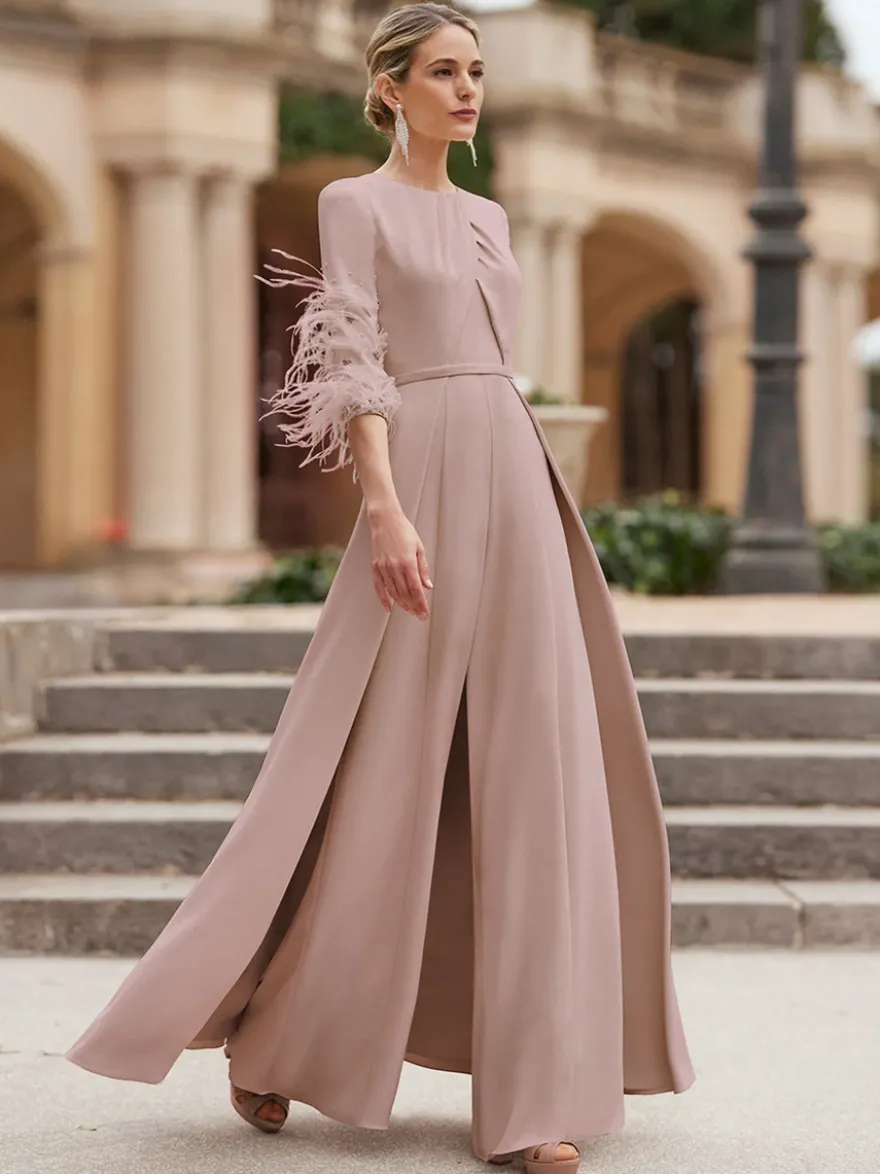 Robe de mère conçue avec décolleté et manches 3/4 combinaison perlée robes d'invitées de mariage