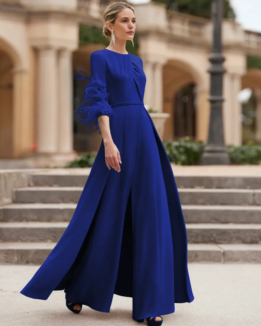 Robe de mère conçue avec décolleté et manches 3/4 combinaison perlée robes d'invitées de mariage