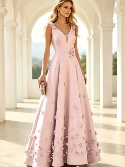 Robe de mère de la mariée col en V sans manches coupe trapèze fleurs longueur au sol robe d'invitée de mariage