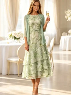 Robe de mère de la mariée col rond manches 3/4 coupe trapèze longueur thé robe d'invitée pour un mariage