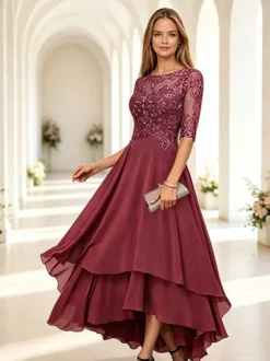 Robe de mère de la mariée col rond manches mi-longues coupe trapèze dentelle longueur cheville robe d'invitée de mariage