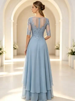 Robe de mère de la mariée col rond manches mi-longues coupe trapèze dentelle longueur cheville robe d'invitée de mariage