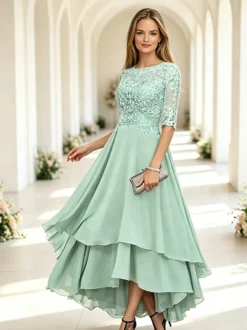 Robe de mère de la mariée col rond manches mi-longues coupe trapèze dentelle longueur cheville robe d'invitée de mariage