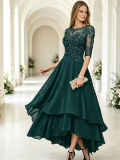 Robe de mère de la mariée col rond manches mi-longues coupe trapèze dentelle longueur cheville robe d'invitée de mariage