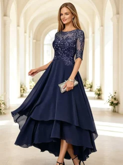 Robe de mère de la mariée col rond manches mi-longues coupe trapèze dentelle longueur cheville robe d'invitée de mariage