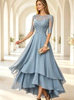 Robe de mère de la mariée col rond manches mi-longues coupe trapèze dentelle longueur cheville robe d'invitée de mariage