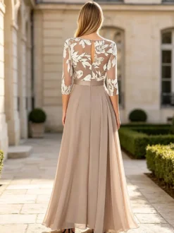 Robe de mère de la mariée combinaison en dentelle à col bijou et manches 3/4 robe d'invitée de mariage