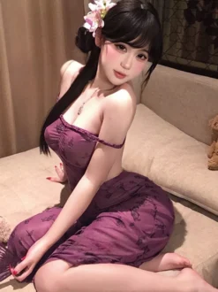 Robe de nuit longue violette en résille à fleurs fente haute lingerie transparente dos nu