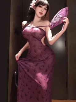 Robe de nuit longue violette en résille à fleurs fente haute lingerie transparente dos nu