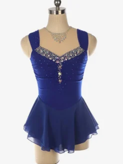 Robe de patinage artistique bleu clair à encolure perlée en polyester pour femmes et filles.
