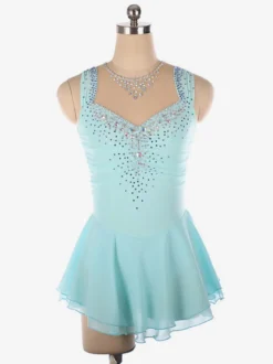 Robe de patinage artistique bleu clair à encolure perlée en polyester pour femmes et filles.