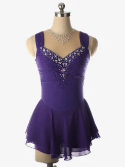 Robe de patinage artistique bleu clair à encolure perlée en polyester pour femmes et filles.