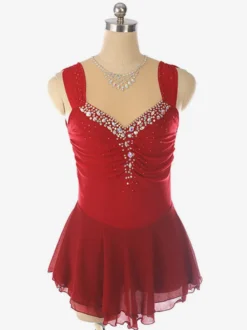 Robe de patinage artistique bleu clair à encolure perlée en polyester pour femmes et filles.