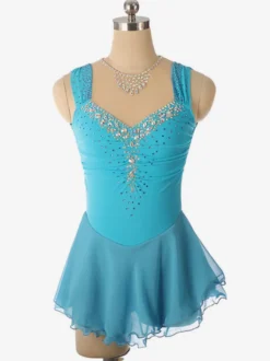 Robe de patinage artistique bleu clair à encolure perlée en polyester pour femmes et filles.