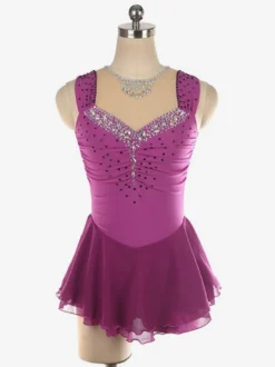Robe de patinage artistique bleu clair à encolure perlée en polyester pour femmes et filles.
