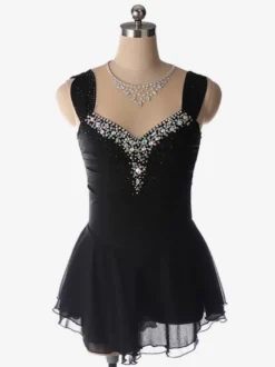 Robe de patinage artistique bleu clair à encolure perlée en polyester pour femmes et filles.