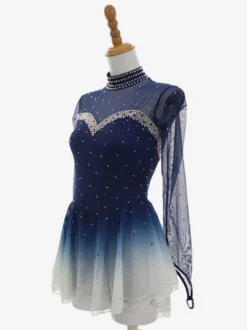 Robe de patinage artistique bleu foncé ombré à manches longues en résille strassée tenue de compétition pour filles et femmes