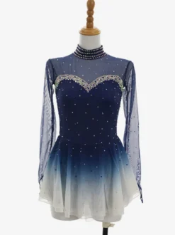 Robe de patinage artistique bleu foncé ombré à manches longues en résille strassée tenue de compétition pour filles et femmes