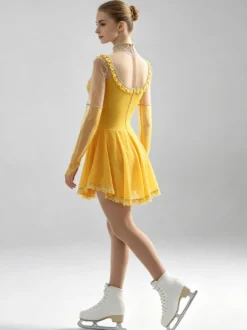 Robe de patinage artistique pour femmes et filles jaune poudré patchwork dos ouvert maille haute élasticité tenue d'entraînement et de compétition cristal classique /