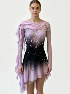 Robe de patinage artistique pour femmes et filles rose poudré patchwork dos ouvert en maille haute élasticité tenue d'entraînement et de compétition cristal classique / Rh