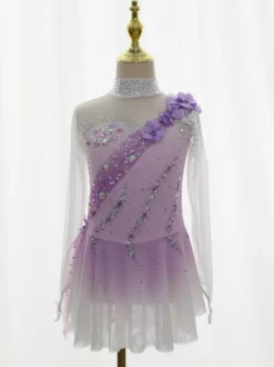 Robe de patinage artistique pour femmes et filles robe de patinage sur glace ultra-élastique tenue d'entraînement et de compétition manches longues classiques ornées de cristaux et de strass