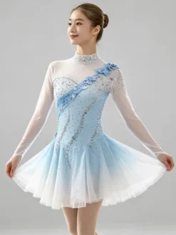 Robe de patinage artistique pour femmes et filles robe de patinage sur glace ultra-élastique tenue d'entraînement et de compétition manches longues classiques ornées de cristaux et de strass