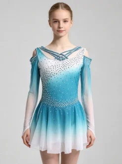 Robe de patinage artistique pour femmes et filles robe verte bleue très élastique tenue d'entraînement et de compétition style classique avec cristaux et strass manches longues.