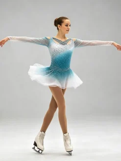 Robe de patinage artistique pour femmes et filles robe verte bleue très élastique tenue d'entraînement et de compétition style classique avec cristaux et strass manches longues.