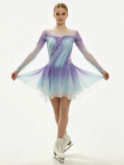 Robe de patinage artistique pour femmes et filles patchwork dos ouvert maille haute élasticité tenue d'entraînement et de compétition cristal classique