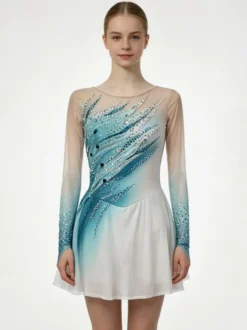 Robe de patinage artistique personnalisée bleu ciel patchwork dos ouvert en maille haute élasticité tenue d'entraînement et de compétition cristaux/rhinestone classiques