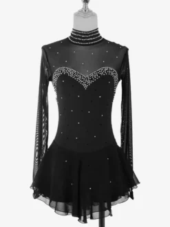 Robe de patinage artistique pour femmes haute élasticité manches longues maille crochet diamant robe de compétition de danse sur glace